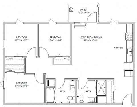 Floor plan for 3 beds, 2 baths, 1180 sqft